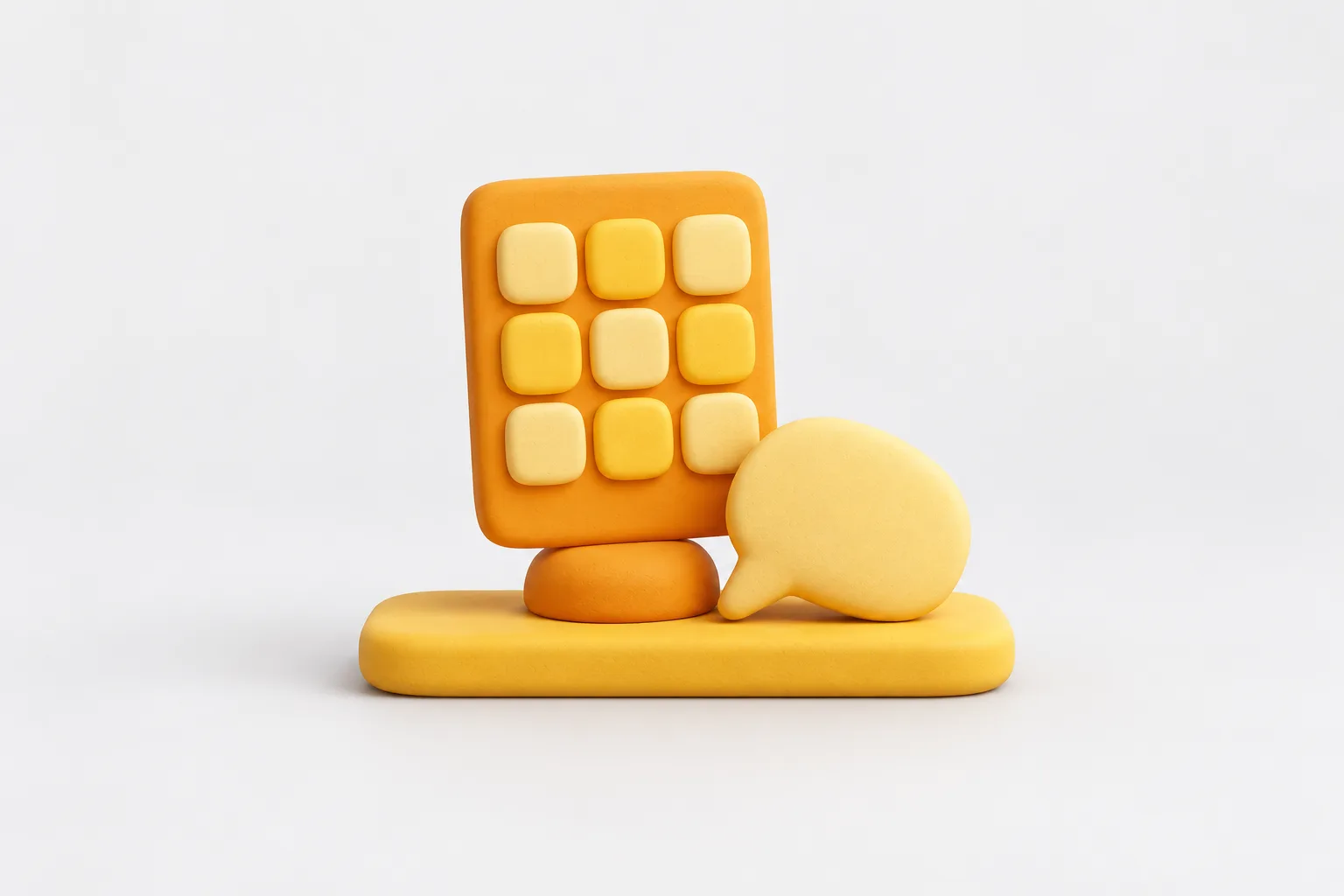 Amber clay display card with a chunky grid of rounded tiles, a pale yellow clay speech shape leaning against it and a small rounded shelf plank beneath