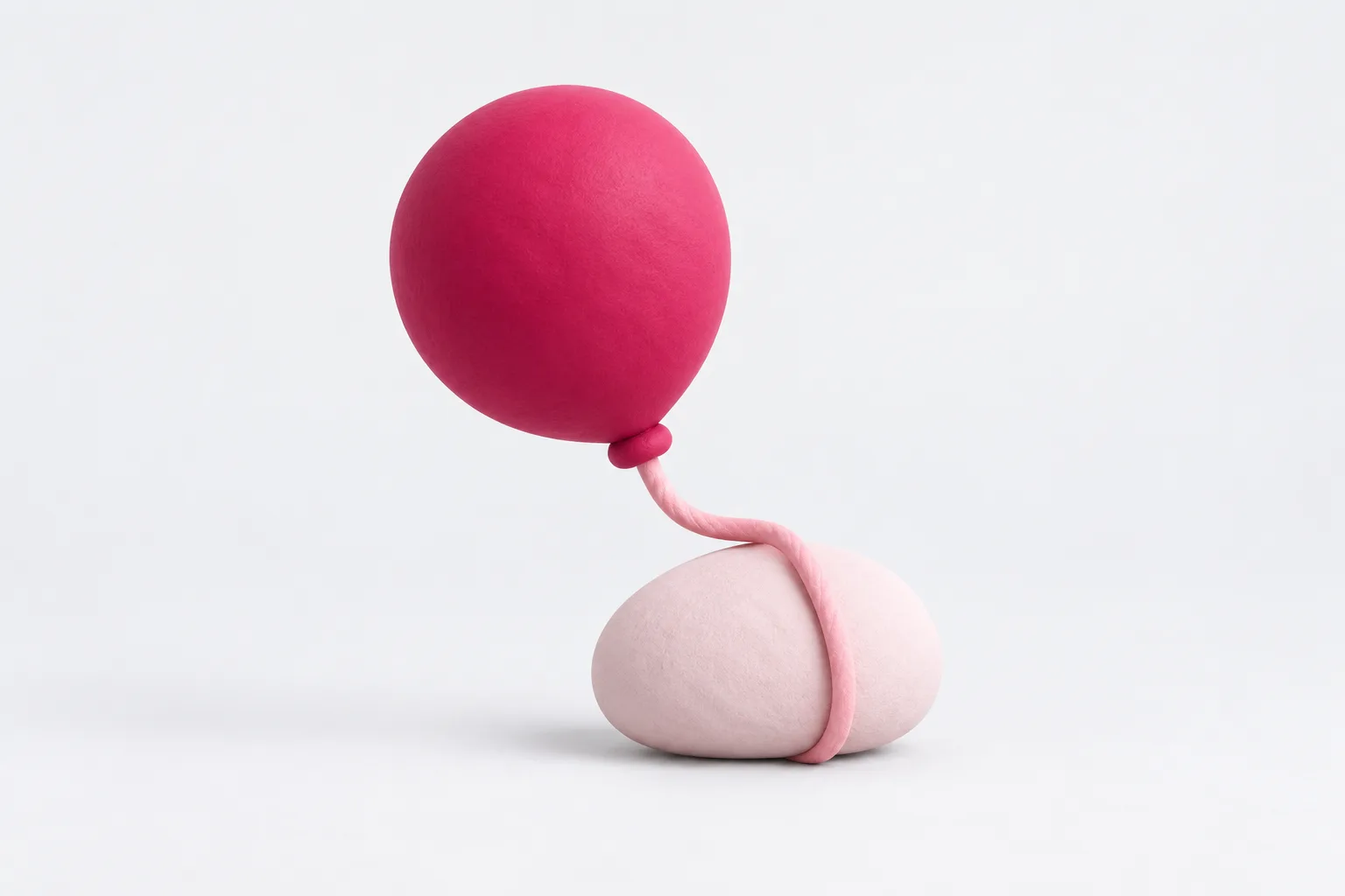 A raspberry-coloured clay balloon tethered by a short pink cord to a pale pink stone weight on a soft grey-white studio surface